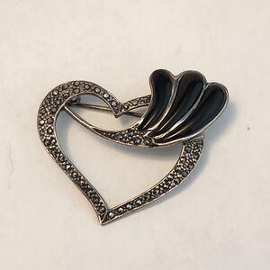 Chic Marcasute and Sterling Silver Heart Brooch